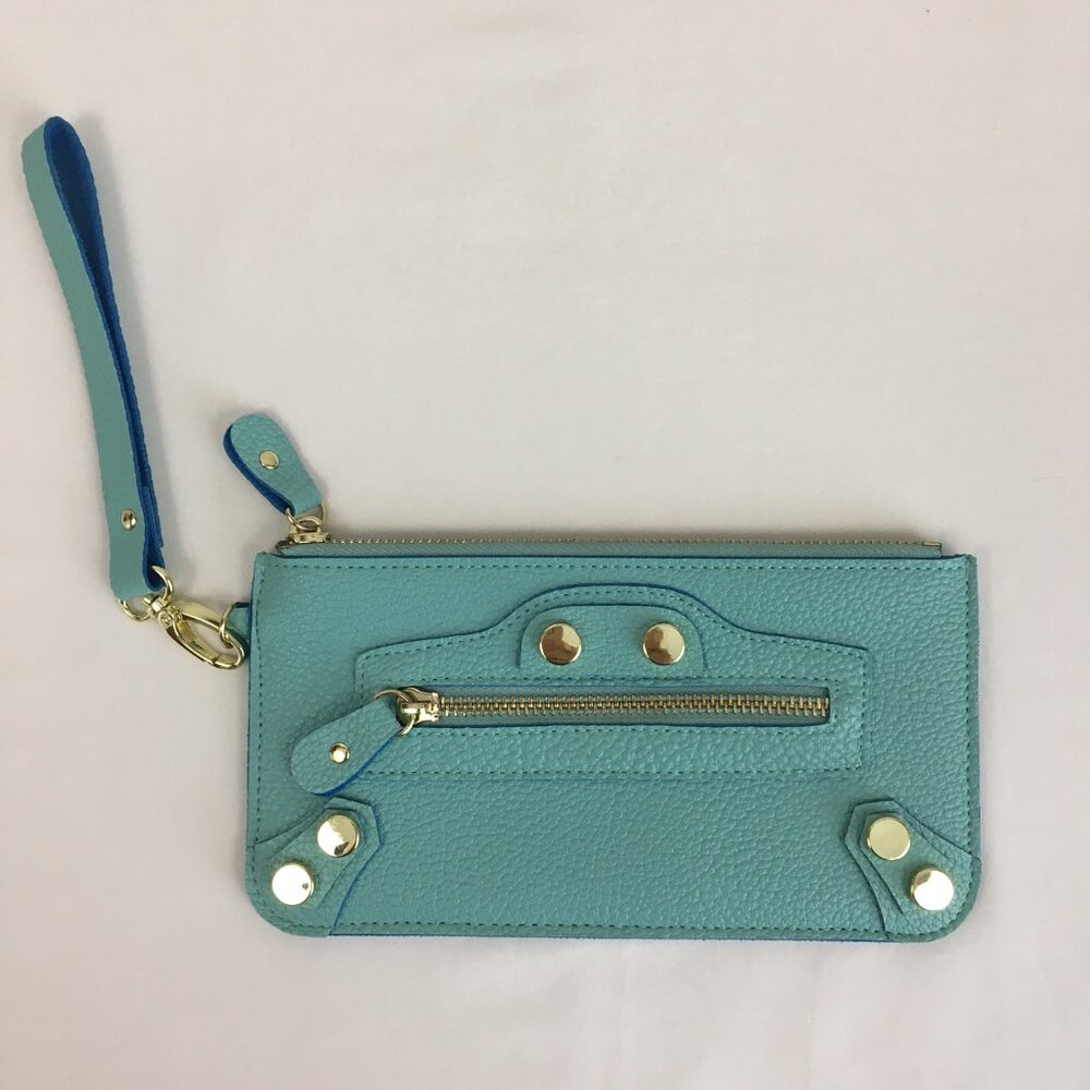 Steve Madden Blue Wristlet Double Zipper Textured Thin Slim Faux Leather